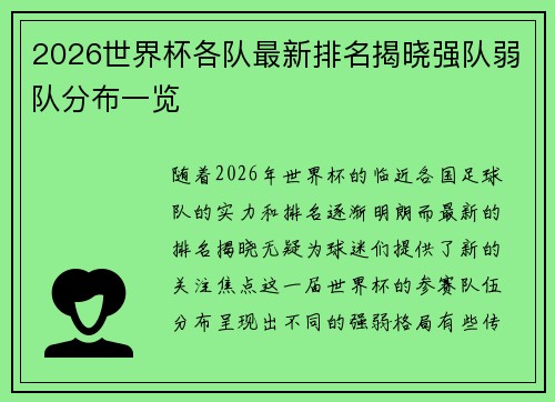 2026世界杯各队最新排名揭晓强队弱队分布一览